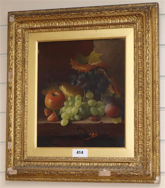 Victorian School oil on canvas Still life of fruit and a butterfly, 34 x 30cm.